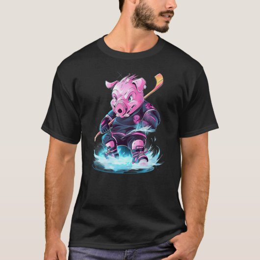 Pig Ice Hockey Player Hockey Stick Goalie T-Shirt (Vorderseite)