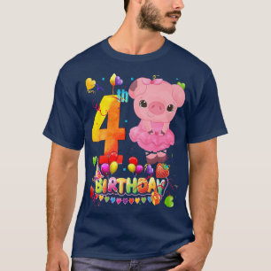 Pig Kids 4 Year Old Pig Birthday Girl Cute Pig 4th T-Shirt