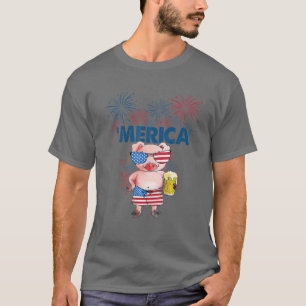 Pig Merica 4th of July American Flag Drink Liebe T-Shirt