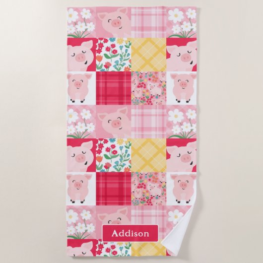 Pig Patchwork Floral Rustikal Personalisiert Strandtuch (Vorderseite)