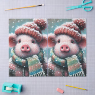 Pig Winter Hat Scarf Chalk-Pastel Decoupage Seidenpapier