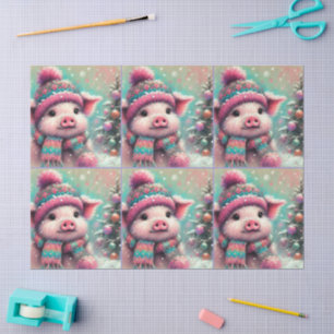 Pig Winter Hat Scarf Chalk-Pastel Decoupage Seidenpapier