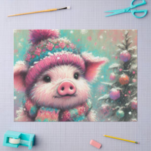 Pig Winter Hat Scarf Chalk-Pastel Decoupage Seidenpapier