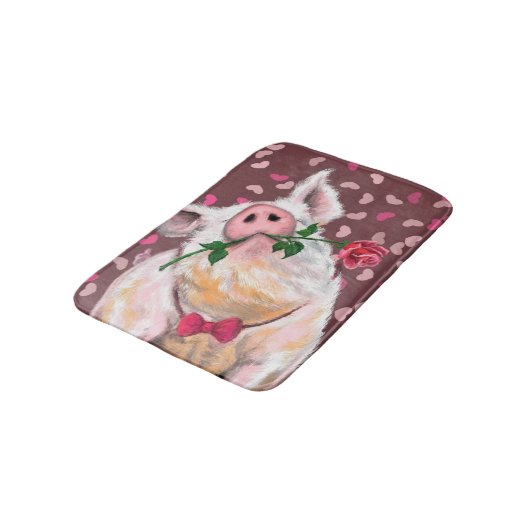 Pig with Rose Bath Mat - Romantic - Funny Badematte (Schrägansicht)