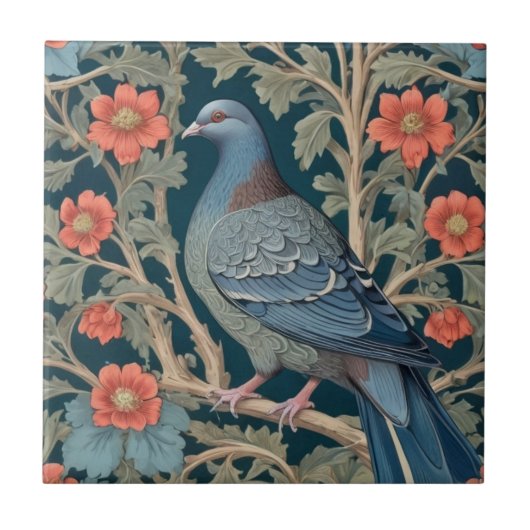 Pigeon Bird William Morris Stil Links Red Blume Fliese (Vorderseite)