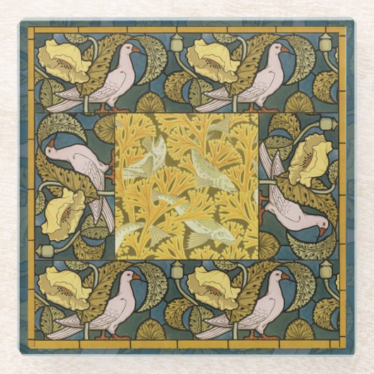 Pigeon Blue Yellow Fish Art Nouveau Glasuntersetzer (Vorderseite)