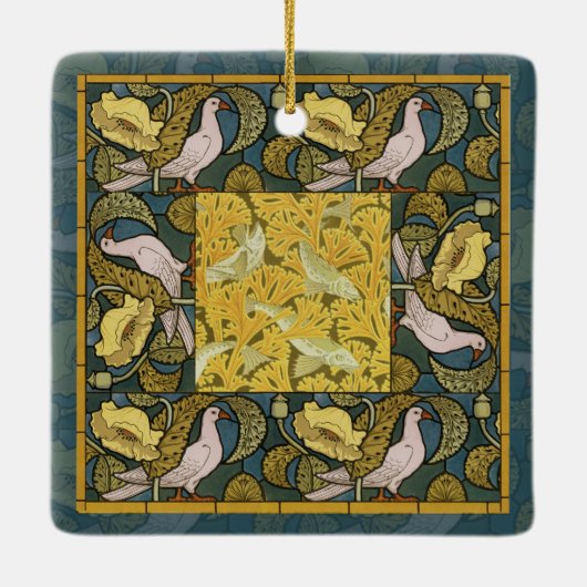 Pigeon Blue Yellow Fish Art Nouveau Keramikornament (Rückseite)