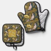 Pigeon Blue Yellow Fish Art Nouveau Ofenhandschuh & Topflappen-Set (Vorderseite/Rückseite)