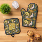 Pigeon Blue Yellow Fish Art Nouveau Ofenhandschuh & Topflappen-Set (Oben Unten)