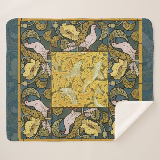Pigeon Blue Yellow Fish Art Nouveau Sherpadecke (Vorderseite (Horizontal))