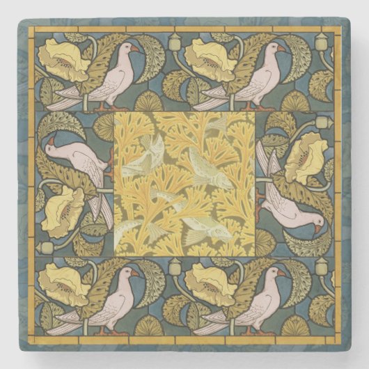 Pigeon Blue Yellow Fish Art Nouveau Steinuntersetzer (Vorderseite)