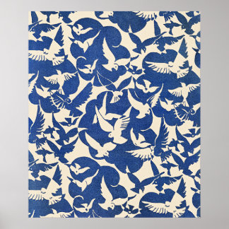 Pigeons in White and Blue Poster