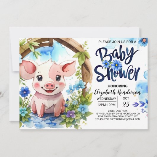Piggy Parade Watercolor Farm Baby Dusche Einladung (Vorderseite)