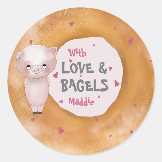 Piggy "with Liebe & Bagels" | Cotton Candy Pink Runder Aufkleber (Vorderseite)