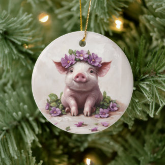 Piglet in einer Lila Blume Keramik Ornament