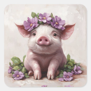 Piglet in einer Lila Blume Quadratischer Aufkleber