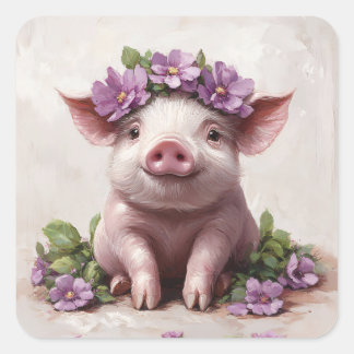 Piglet in einer Lila Blume Quadratischer Aufkleber