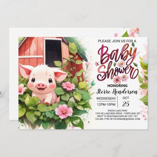 Piglet's Paradise Boho Farmyard Babydusche Einladung (Vorne/Hinten)