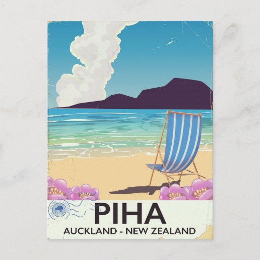 Piha New Zealand Vintage Reiseplakat Postkarte (Vorderseite)