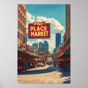 Pike Place Market Seattle Illustration Reise Poster