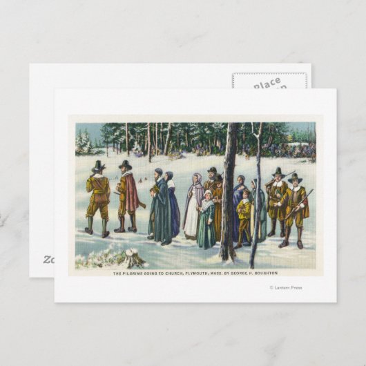 Pilger gehen in die Kirche in der Schneeszene Postkarte (Vorne/Hinten)