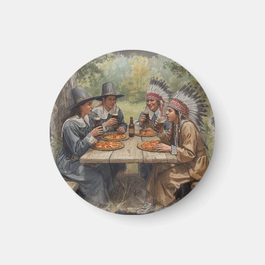 Pilger und Indianer Pepperoni Pizza Dunkelbier Magnet (Vorne)