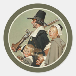 Pilgerfamilie. Vintage-Kunst Thanksgiving Runder Aufkleber