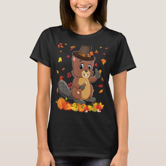 Pilgrim Beaver Happy Thanksgiving Thankful Pumpkin T-Shirt (Vorderseite)