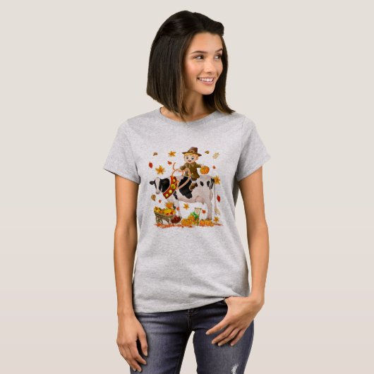 Pilgrim Boy Riding Cow Thanksgiving Pilgrim Boy T-Shirt (Vorne ganz)