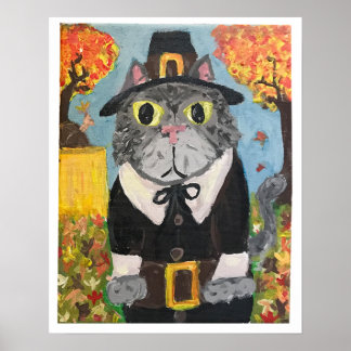Pilgrim Cat Folk Art Erntedank Cat Boy Malerei Poster