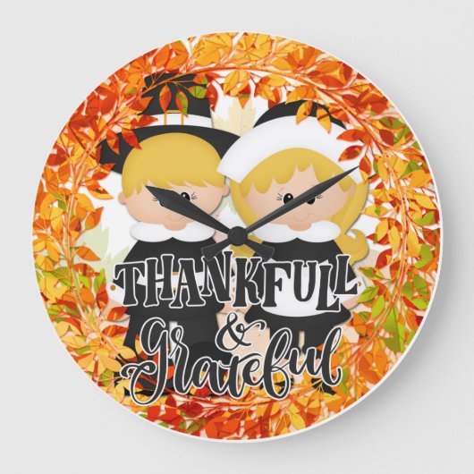 Pilgrim Couple - Dankbar und Dankbar Große Wanduhr (Vorderseite)