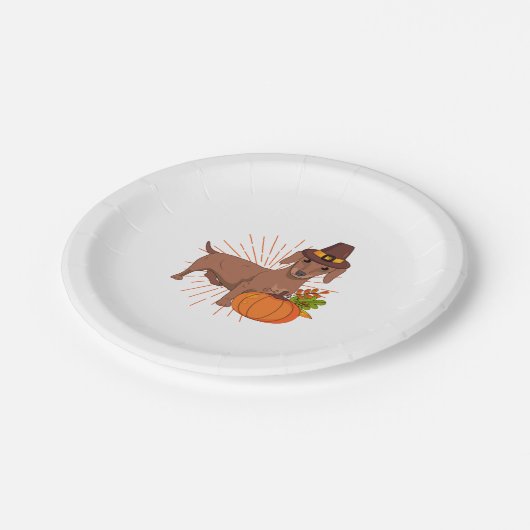 Pilgrim Dackel Kürbis Blätter Erntedank Pappteller (Schrägansicht)