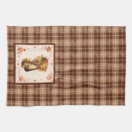 Pilgrim Girl auf Kariertem Erntedank Geschirrtuch (Horizontal)