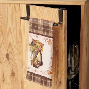 Pilgrim Girl auf Kariertem Erntedank Geschirrtuch