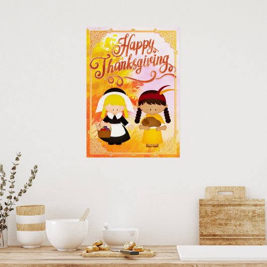Pilgrim Girl & Native Girl - Glückliches Danksagen Poster (Küche)