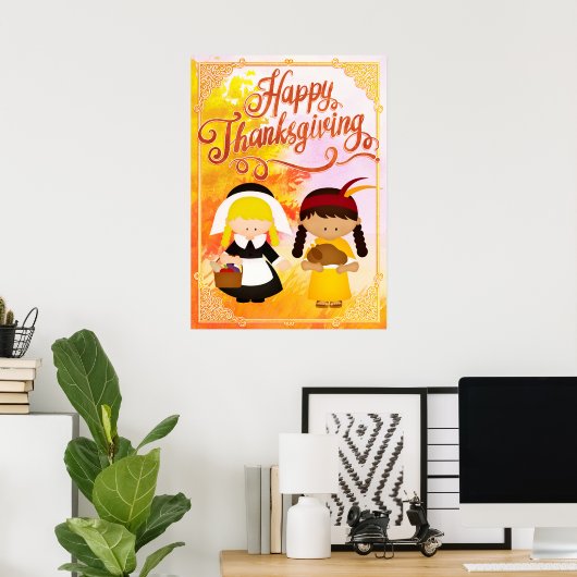 Pilgrim Girl & Native Girl - Glückliches Danksagen Poster (Heimbüro)