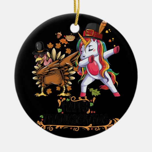 Pilgrim Hat Turkey Unicorn Dabbing Erntedank Keramik Ornament (Vorne)