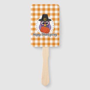 Pilgrim Owl auf Orange Kariert - Glückliches Ernte Fächer