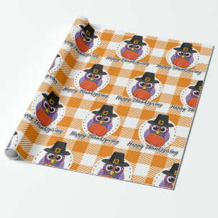 Pilgrim Owl auf Orange Kariert - Glückliches Ernte Geschenkpapier