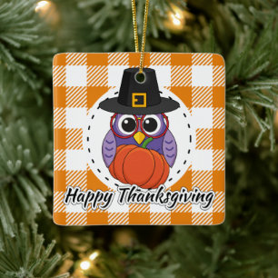 Pilgrim Owl auf Orange Kariert - Glückliches Ernte Keramikornament
