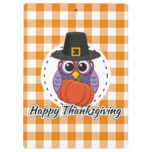 Pilgrim Owl auf Orange Kariert - Glückliches Ernte Klemmbrett