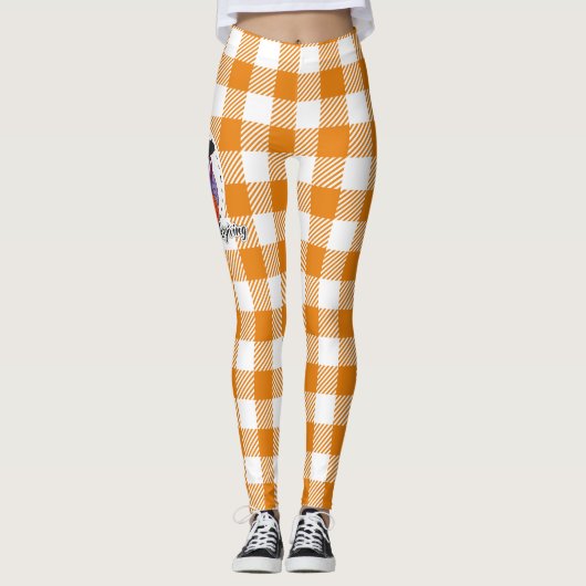 Pilgrim Owl auf Orange Kariert - Glückliches Ernte Leggings (Vorderseite)