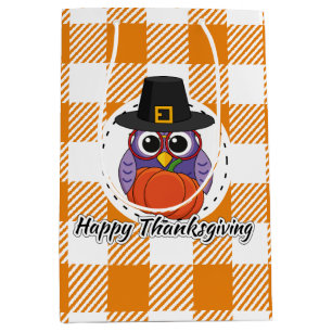 Pilgrim Owl auf Orange Kariert - Glückliches Ernte Mittlere Geschenktüte