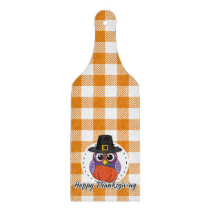 Pilgrim Owl auf Orange Kariert - Glückliches Ernte Schneidebrett