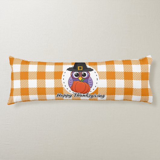 Pilgrim Owl auf Orange Kariert - Glückliches Ernte Seitenschläferkissen (Vorderseite)