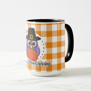 Pilgrim Owl auf Orange Kariert - Glückliches Ernte Tasse