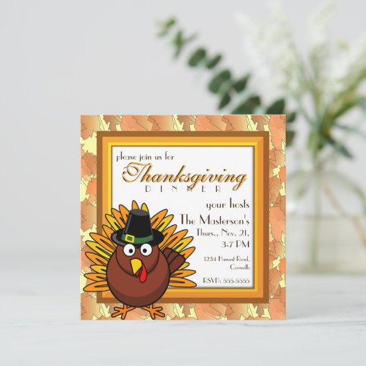 Pilgrim Turkey Erntedank Dinner Party Einladung (Stehend Vorderseite)