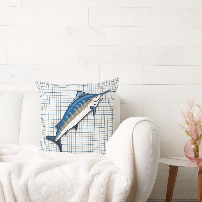 Pillow - Blue Marlin auf Kariert Kissen (Liege)