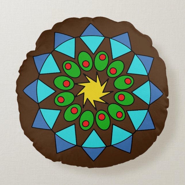 Pillow - Colorful Mandala on Brown Rundes Kissen (Vorderseite)