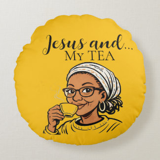 Pillow depicting Jesus and My Tea Rundes Kissen